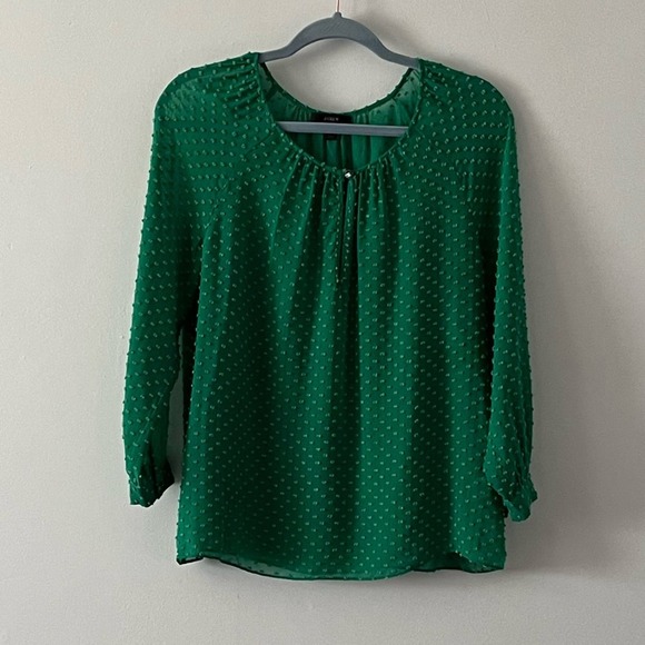 J.  Crew Green Swiss Dot Silk Blend L/S Sheer Blouse sz 2 - Picture 1 of 9